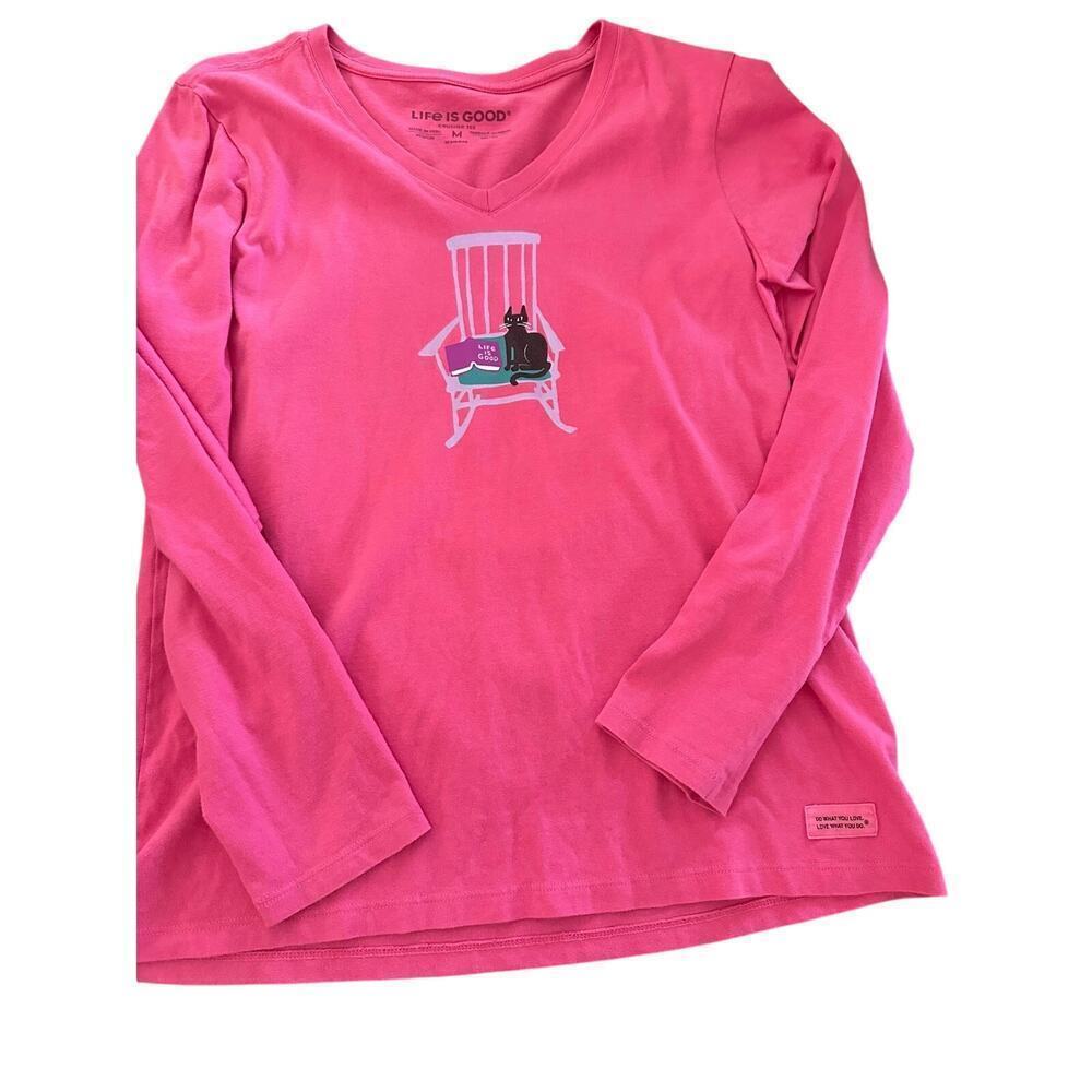 Life Is Good V-Neckline Long Sleeves Rocking Chair Cat Crusher T-shirt Size M - Picture 3 of 6